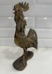 Vintage Art Nouveau Solid Brass Rooster Figurine Statuette With Red Glass Eye
