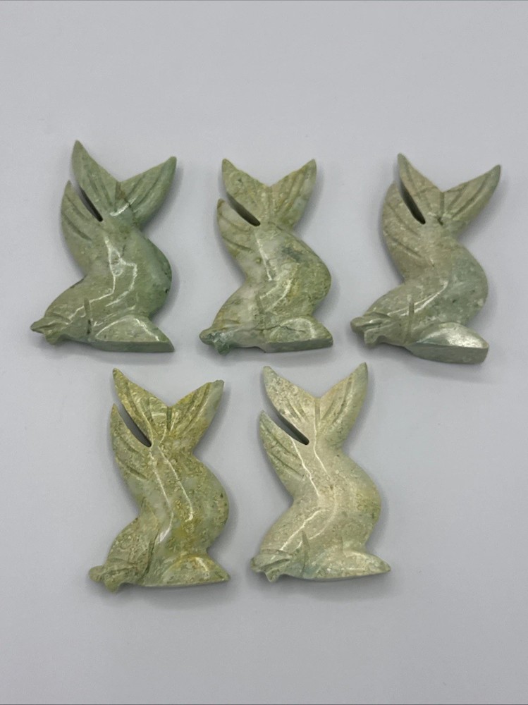 5 Vtg Hand Carved Green Moss Agate Jasper Stone Koi Fish Sculpture Decor 3″ tall