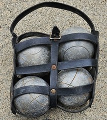 Vtg Steel Boules/Bocce Petanque Set | Black Strap Carrier | French Garden Decor