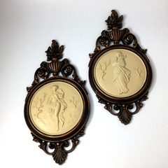 Vintage Wall Hanging Plaques Pictures Ladies Copper Color Frame Set of 2