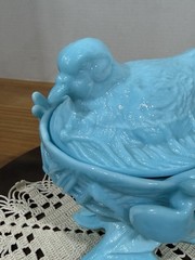 Westmoreland Robin Bird Dove on Nest Footed Bowl Dish & Lid Blue Milk Glass