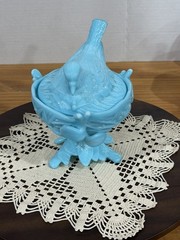 Westmoreland Robin Bird Dove on Nest Footed Bowl Dish & Lid Blue Milk Glass
