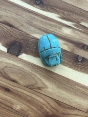 Medium Vintage Antique Egyptian Carved Faience Scarab blue Beetle Focal Bead