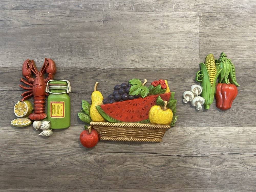 Vtg 1970s Homco Kitchen Wall Plaques Set of 3 Lobster Fruit Basket Vegetables