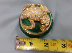 Gold Tone Frog On A Round Trinket Box With Green Rhinestone Eyes ~ Unbranded