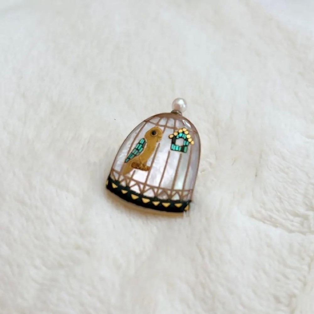 Classic Ko Pin Brooch Bird Cage Pearl Nest Blue Raden Used
