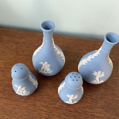 Wedgwood Blue Jasperware Four Seasons Cherubs Salt & Pepper AND Pair Bud Vases