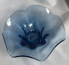 Hand Blown Art Glass Bowl – Blue Clear – Ruffled Edge – Vintage MCM – 10”