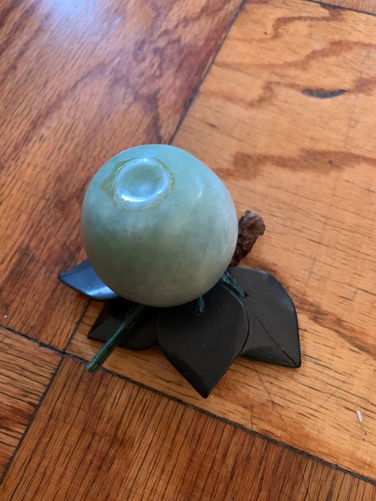 Vintage Carved Stone Jade Apple w/ Silk Wrapped Wood Stem and 5 Stone Leaves