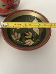 Traditional Folk Art Russian Khokhloma Lacquerware Hand Painted Pot Lid & Bowls.