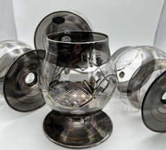 Hand Blown Egyptian Art Glass Brandy Snifters Platinum Etched Set of 4