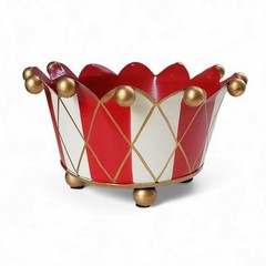 Hollywood Regency Red Tole Cachepot Bowl Gold Crown Centerpiece MCM