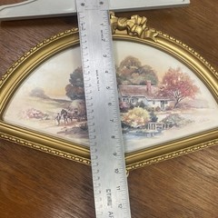 Vintage Homco Fan Shape Gold Bow Framed Picture Autumn Harvest Cottage