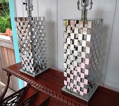2 CHECKERBOARD chrome table lamp vtg pop mod mcm ’80s modernist art sculpture