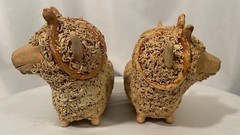 Vintage Spaghetti Pottery Lamb Ram Sculpture Figurine Poland Signed SET of 2