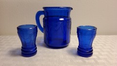 3 Pc Set Of Colbalt Blue With Roping Pattern Creamer 3 In. Sm. Glass 1.75 In.