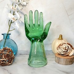 Green Depression Style Glass Hand Ring Holder, Jewelry Box, VTG Style, Retro