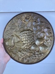Vintage England Elpec Brass Fruit Wall Plaque Turquoise Blue Gold Embossed Decor