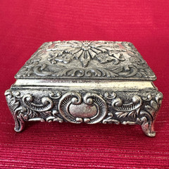 VTG Ornate Silver Plated Jewelry Box Red Velvet Lined Trinket Box Art Nouveau