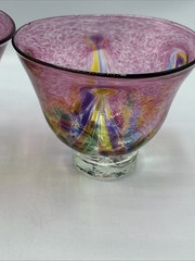 2 Vtg Kitras Art Glass Hand Blown Bowl with Pedestal Decor Multi Colour Signed