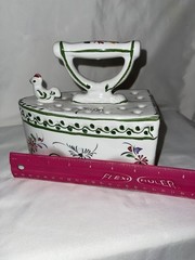 Vintage Hand Painted Portugal Ceramic Iron w/ Chicken Farmhouse Deco Figurine