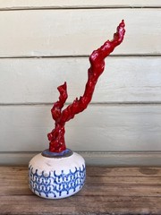 Faux Red Coral Specimen in Blue & White Floral Small Vase in Chinoiserie Style