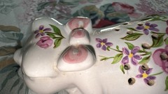 Vintage Porcelain Potpourri Pig Figurine Hand Decorated Pink Flowers 1978 Brazil