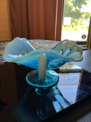 Antique 7” Dugan Glass Blue Opalescent Rayed Jane Footed Nappy Dish