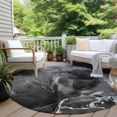 8′ Round Black Gray and White Round Abstract Washable Non Skid Rug