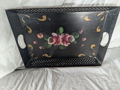 Old Vintage Hand Painted Tole Tray Floral Tin Roses Metal Shabby Farmhouse Black