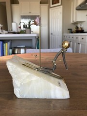 Vintage John DeMott Signed Metal Downhill Skier Sculpture Quartz Base 8.5” Tall