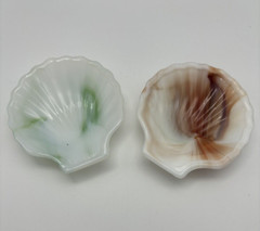 2 Akro Agate Clam Shell Green & Brown White Swirl Glass Trinket Dish Ashtray