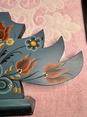 Vintage Norwegian Nordic Blue Rosemaling Wood Candle Holder Candelabra Folk Art