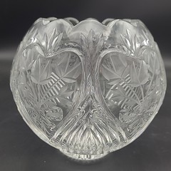 Crystal Clear Heavy 24% Lead Crystal Rose Bowl Vase Etched Tulips Scalloped Top