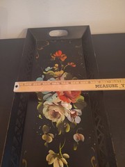 Vintage Hand Painted Floral Toleware Rectangular Metal Serving Tray