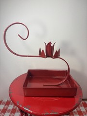 Vintage Red Metal Toleware Primitive Style Candle Holder Square Bottom Enamel