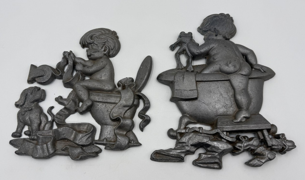 Vintage Sexton Cast Metal Bathroom Wall Art Bare Bottom KIds – Set of Two