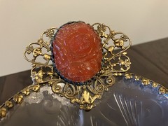 French Ormolu Dish~Frosted Glass Birds And Gilt Brass Trimmed With Carved Cameo.