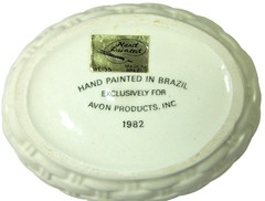 Trinket Box Bunny Rabbit on Egg Basket by Avon Hand Painted in Brazil Weiss 1982