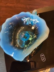 Antique 7” Dugan Glass Blue Opalescent Rayed Jane Footed Nappy Dish