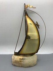 Vintage DeMott Signed Brass Sailboat Rock Quartz Base Nautical Boat Sculpture