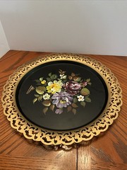 Vintage Nashco Toleware 12” Round Tray-Hand Painted Signed Reticulated Edge