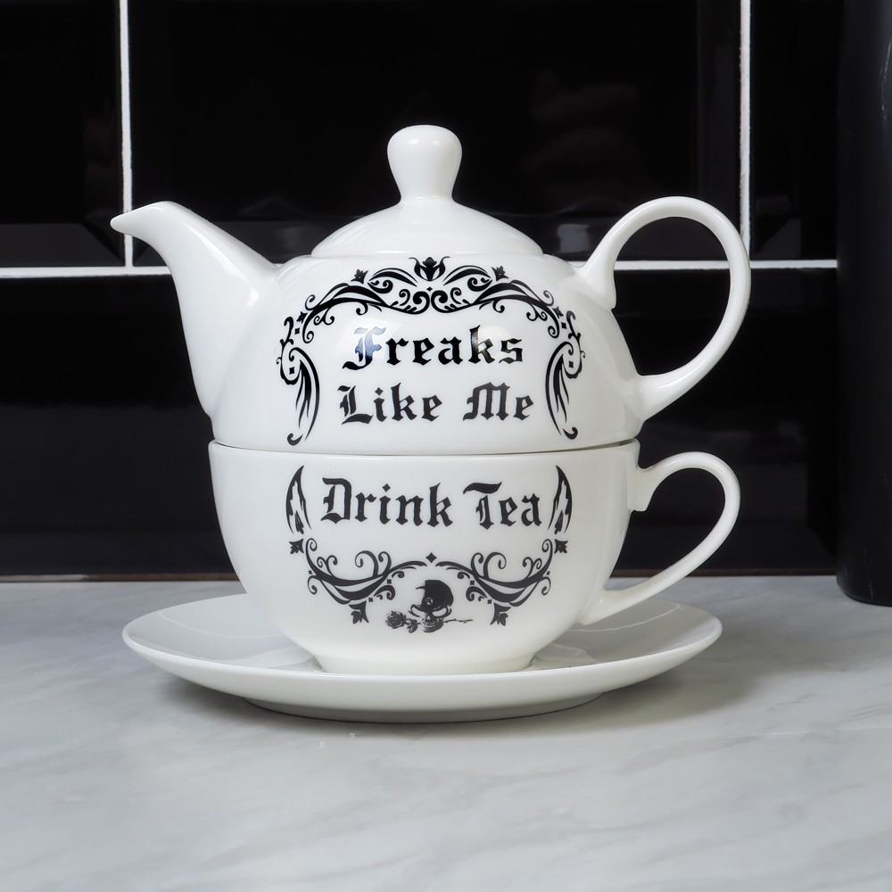 Alchemy Gothic Freaks Like Me Drink Tea For One Set Teapot Mug White Black Witch