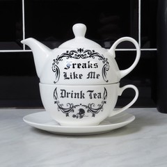Alchemy Gothic Freaks Like Me Drink Tea For One Set Teapot Mug White Black Witch