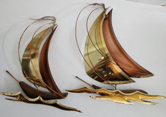 2 Unique Mid-Century Brass, Copper & Wood 8″ & 10.5″ Sailboat Wall Hangings