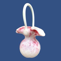 Pink Hand Blown Art Glass Basket Bowl Mid Century Pink & White Swirl 9″ Vintage