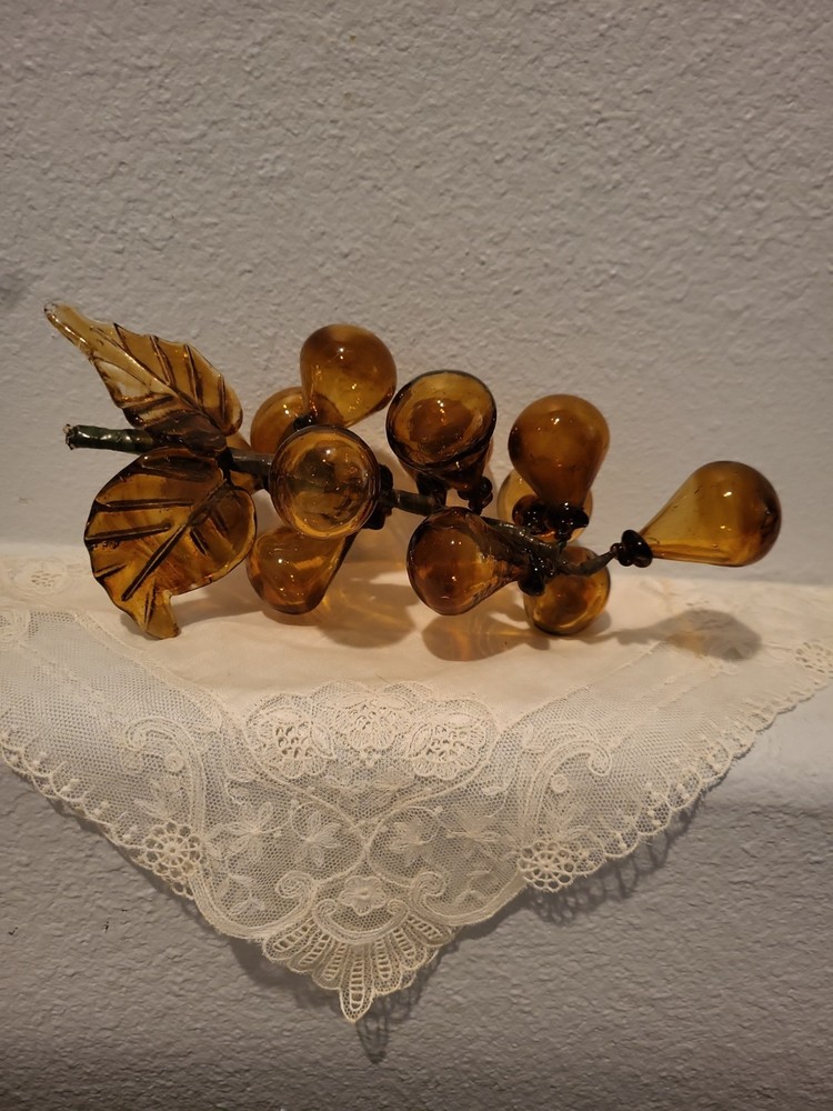 Vintage MCM Hand Blown Amber Art Glass Bunch of Grapes