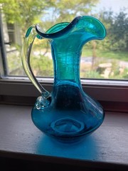 Antique ART GLASS HAND BLOWN PITCHER Pilgram Glass 5″ Blue Bud Vase Creamer