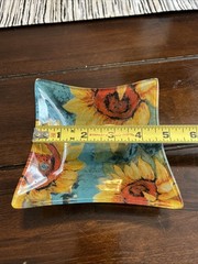 Prima Design Trinket Bowl Dish Glass Blue with Sunflowers