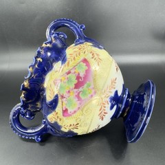 Antique Fine Porcelain Vase Vessel Footed Dish Bowl W Handles Decorated Ceramic